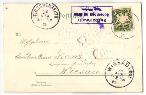 Stoff-Präge-AK Weisse Taube und Rosen aus echtem Stoff