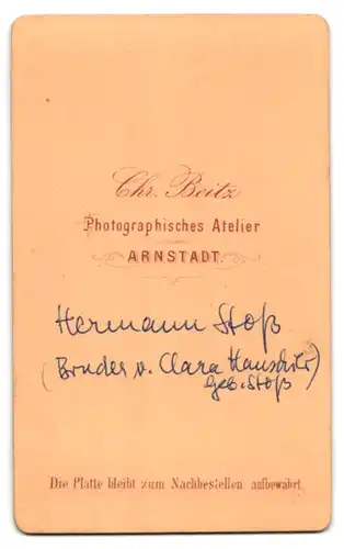 Fotografie Chr. Beitz, Arnstadt, Halbwüchsiger Knabe im Anzug mit Fliege