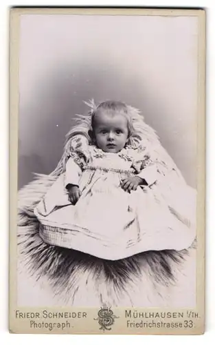 Fotografie Friedr. Schneider, Mühlhausen i. Th., Friedrich-Str. 33, Süsses Kleinkind im Kleid liegt auf einem Fell