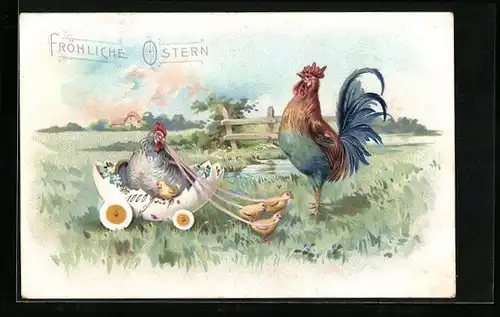 Lithographie Küken ziehen Eier-Wagen mit Mutter Henne, Fröhliche Ostern