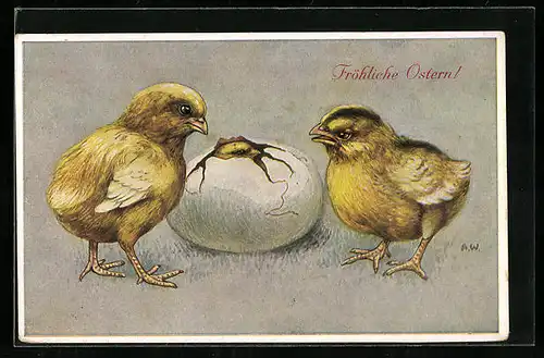 AK Osterküken beobachten den gerade schlüpfenden Bruder, Fröhliche Ostern