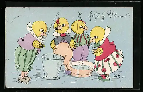 AK Osterküken beim Angeln