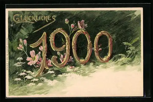 Künstler-AK Glückliches 1900, Blumen, Jahreszahl