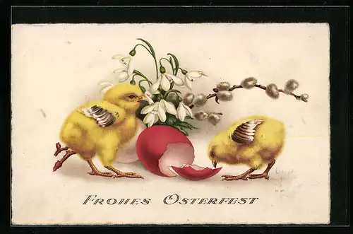 AK Osterküken mit Eierschale