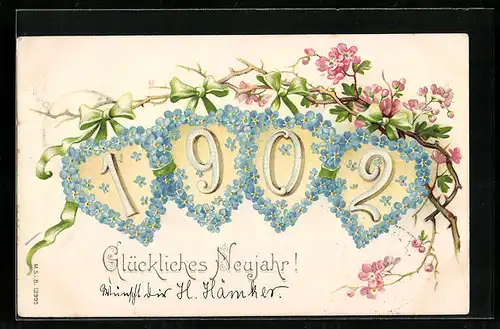 AK Jahreszahl 1902 mit Vergissmeinnicht und Blütenzweiegn