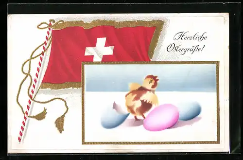 AK Osterküken mit Ostereiern und Schweizer Flagge