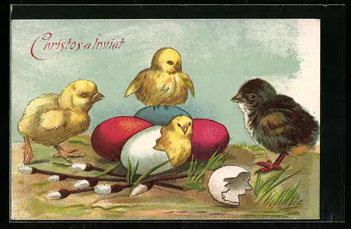 AK Osterküken mit Ostereiern