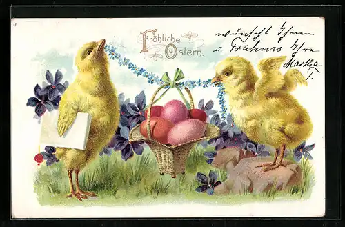 AK Osterküken mit Ostereiern und Blumengirlande