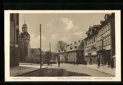 AK Clausthal, Marktplatz und Goslarschestrasse mit Geschäft von August Meyer