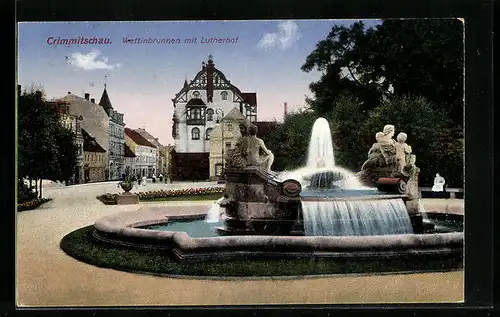 AK Crimmitschau, Wettinbrunnen mit Lutherhof