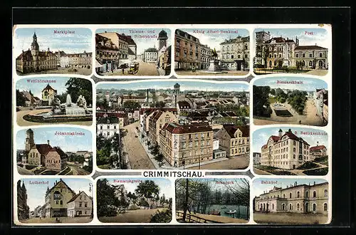 AK Crimmitschau, Lutherhof, Bahnhof, Wettinbrunnen
