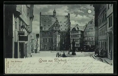 Mondschein-AK Marburg, Strassenpartie mit Gasthaus und Rathaus