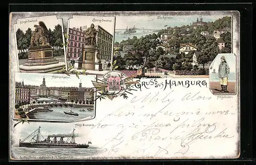 Lithographie Hamburg, Blankenese, Alsterarkaden, Schiff Fürst Bismarck
