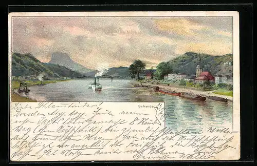 Lithographie Schandau, Uferpartie mit Kirche