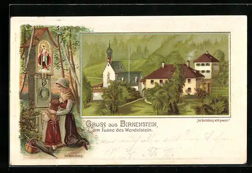 Passepartout-Lithographie Birkenstein am Fusse des Wendelstein, Ortspartie mit Kirche, Frau und Kind am Flurkreuz