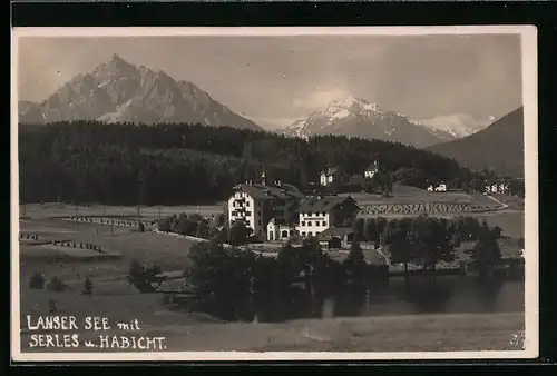 AK Lans, Hotel Lanser See mit Serles und Habicht aus der Vogelschau