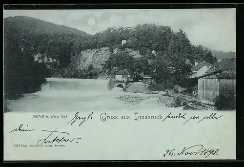 Mondschein-AK Innsbruck, Sillfall und Berg Isel