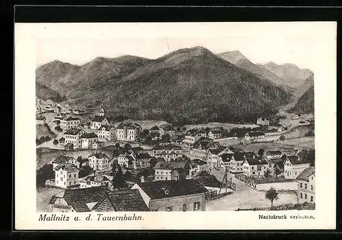 Künstler-AK Mallnitz, Teilansicht des Ortes mit Kirche