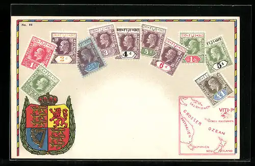 AK Briefmarken der Fiji-Inseln, Landkarte und Wappen