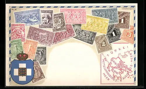 AK Briefmarken Griechenlands, Landkarte und Wappen