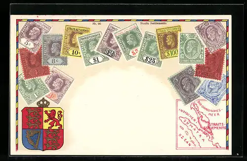 AK Briefmarken Straits Settlements, Landkarte und Wappen