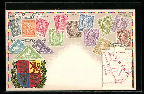 AK Briefmarken Kap der Guten Hoffnung, Landkarte und Wappen