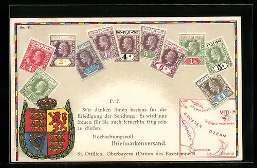 AK Briefmarken von Fiji, Landkarte und Wappen, Korrespondenz- und Werbekarte Briefmarkenversand St. Ottilien