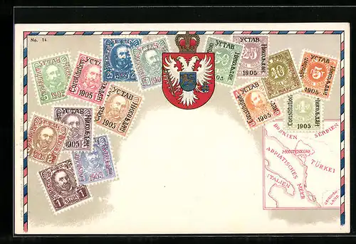 AK Briefmarken von Montenegro, Landkarte und Wappen