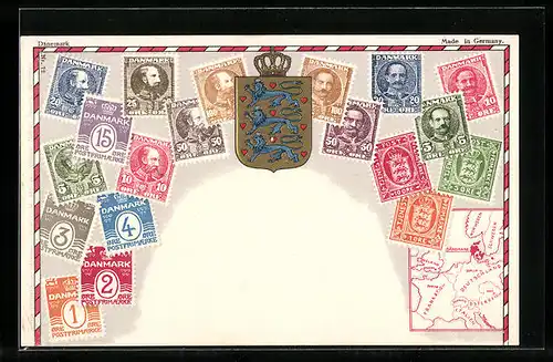 Präge-AK Briefmarken von Dänemark, Landkarte und Wappen