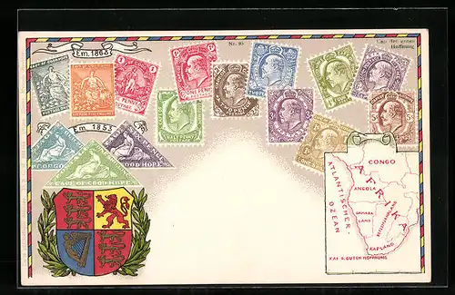 AK Briefmarken Cape of Good Hope, Landkarte und Wappen