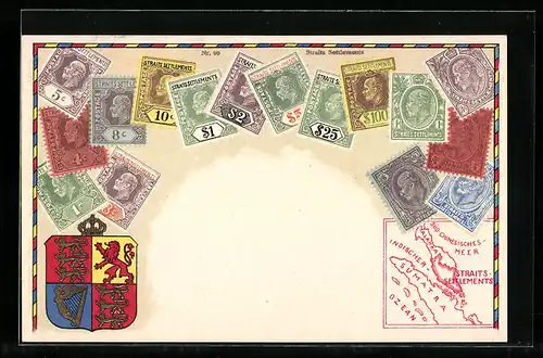 AK Briefmarken Straits Settlements, Wappen und Landkarte
