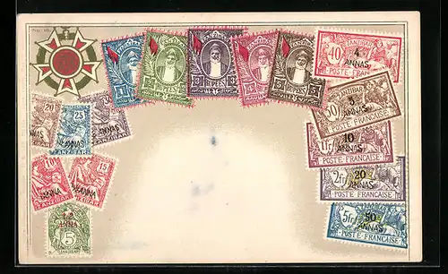 AK Briefmarken und Wappen von Sansibar