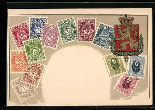Präge-AK Briefmarken und Wappen von Norwegen