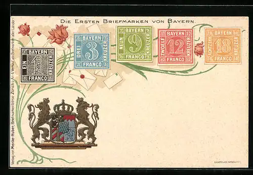 Lithographie Die ersten Briefmarken von Bayern, Wappen und Blumen