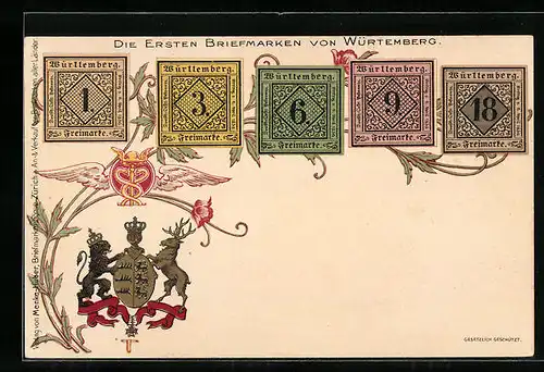 Lithographie Die ersten Briefmarken von Würtemberg, Wappen und Blumen
