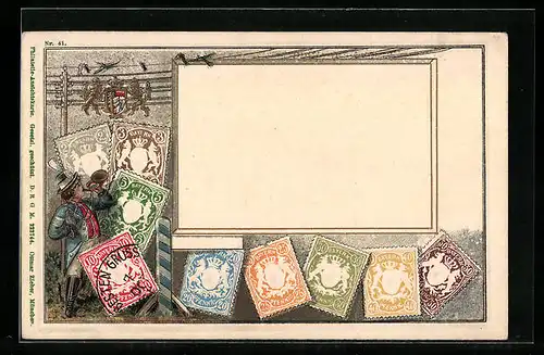 Passepartout-Lithographie Briefmarken von Bayern, Wappen, Postillon und Schwalben