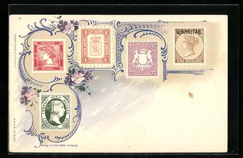 Lithographie Briefmarken von Gibraltar und Blumen-Ornamente