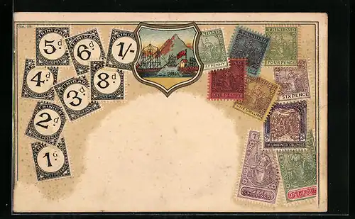Präge-Lithographie Briefmarken von Trinidad, Hafenbild mit Fahne