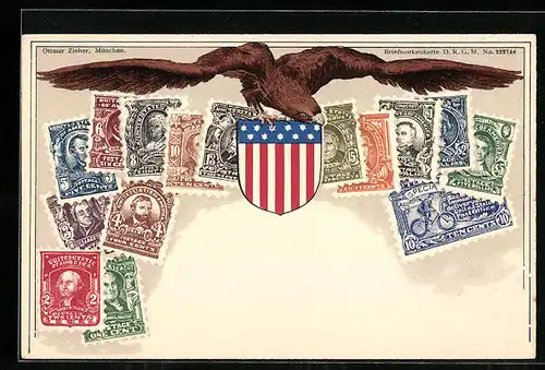 Lithographie Briefmarken der USA, Adler und Wappen
