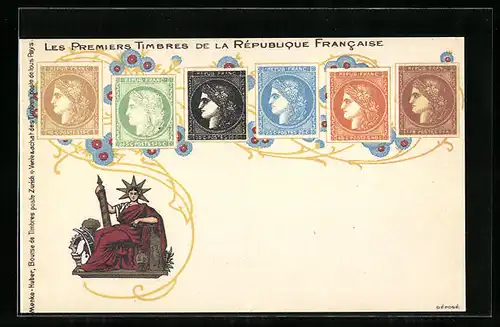 AK Les Premiers Timbres de la République Francaise, Allegorische Figur, Ornamente