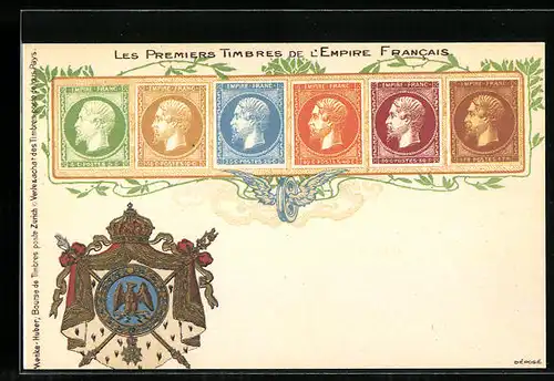 AK Les Premiers Timbres de l`Empire Francais, Wappen