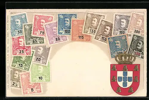 Präge-AK Briefmarken Portugals und Wappen