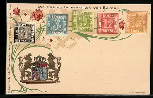 Lithographie Die ersten Briefmarken von Bayern, Wappen, Blumen-Ornamente