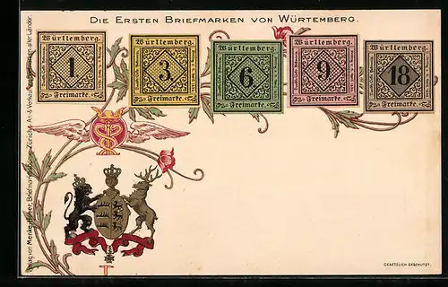 Lithographie Die ersten Briefmarken von Würtemberg, Wappen und geflügeltes Wappenzeichen