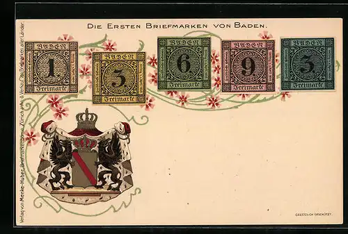Lithographie Die ersten Briefmarken von Baden, Wappen, Blumen-Ornament