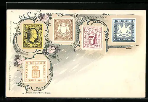 Lithographie Briefmarken Sachsen, Bayern, Hamburg, Freimarken, Blumen-Ornamente