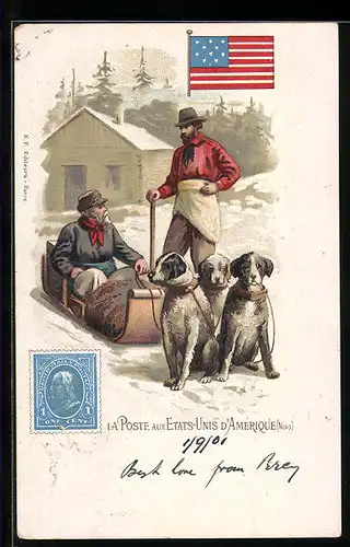 Lithographie La Poste aux Etats-Unis d`Amerique, Schlittenhunde