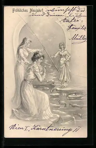 AK Elegante junge Damen beim Angeln