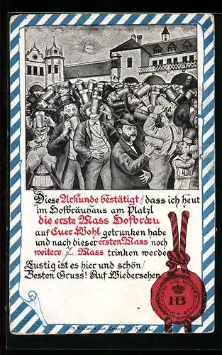 AK Urkunde aus dem Münchner Hofbräuhaus, Männer beim Trinken