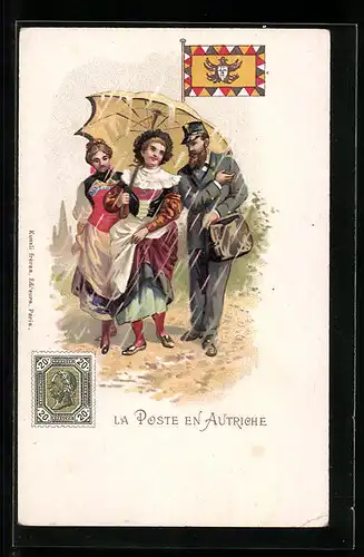 AK Briefträger in Österreich mit Frauen in Tracht